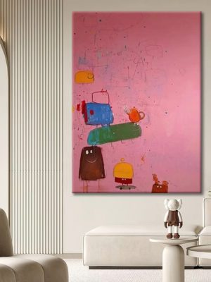 Pink Cartoon Abstract Graffiti Porch Pure Hand-painted Oil Painting Living Room Creative Decorative Painting - FanOilPainting