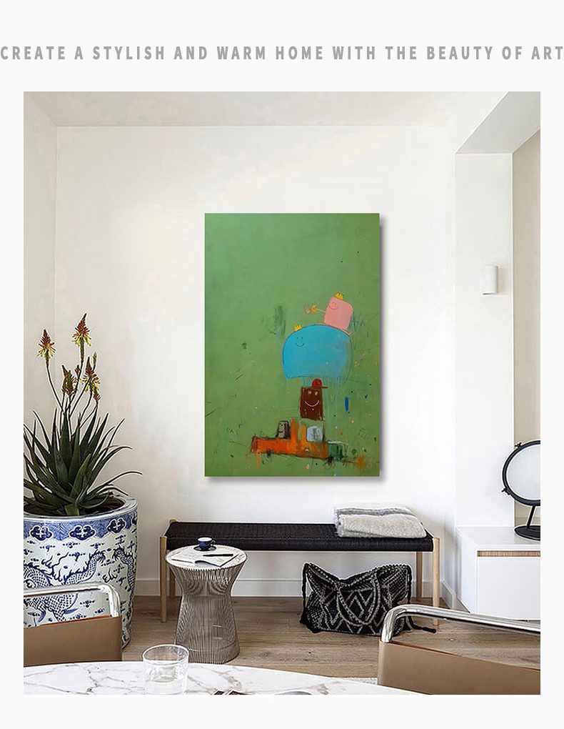 Green Healing Department Pure Hand-painted Oil Painting Cartoon Graffiti Living Room Decoration Painting Porch Children’s Room Minority Art Hanging Painting - FanOilPainting