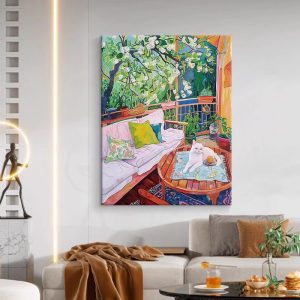 Matisse Art Pure Hand-painted Oil Painting White Cat Balcony Decorative Painting Living Room Hanging Painting Porch Texture Painting - FanOilPainting