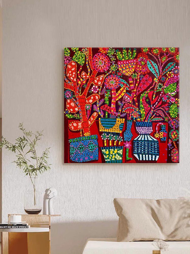 2. Red Retro Pop Art with Green Potted Plants
