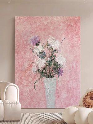 Cream Style Flower Living Room Decoration Painting Warm Tone High-end Texture Hand-painted Oil Painting Pink Dining Porch Hanging Painting - FanOilPainting