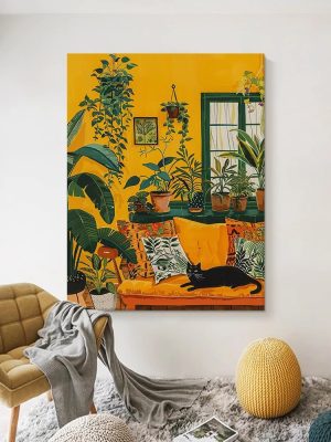 Living Room Decoration Painting Green Plants Black Cat Pure Hand-painted Oil Painting Art Acrylic Hanging Painting - FanOilPainting