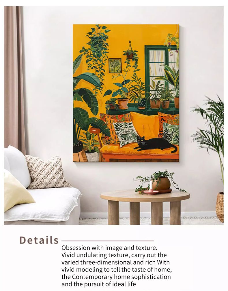 Living Room Decoration Painting Green Plants Black Cat Pure Hand-painted Oil Painting Art Acrylic Hanging Painting - FanOilPainting