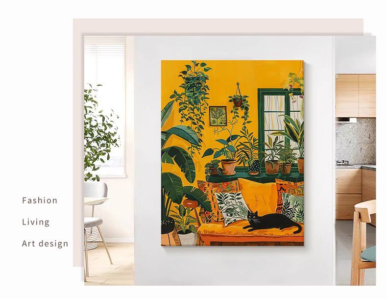 Living Room Decoration Painting Green Plants Black Cat Pure Hand-painted Oil Painting Art Acrylic Hanging Painting - FanOilPainting