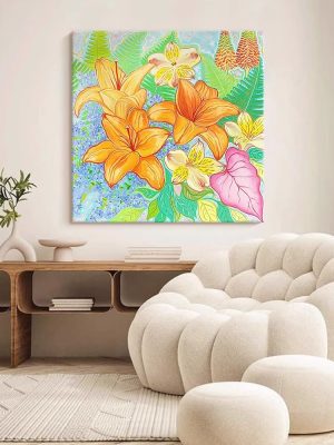 Orange Lily Hand-painted Oil Painting Bedroom Dining Room Bright Hanging Painting Abstract Green Plants Flowers Living Room Decoration Painting - FanOilPainting