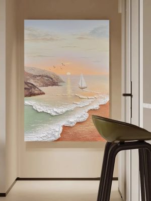 Hand-painted oil painting “Spring Day Seaside” Creamy Decorative Painting Living Room Hanging Art Entrance Wall Painting - FanOilPainting