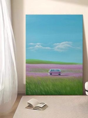 Blue Sky White Clouds Hand-painted Oil Painting Hayao Miyazaki Cartoon Grassland Pink Healing Decorative Painting - FanOilPainting