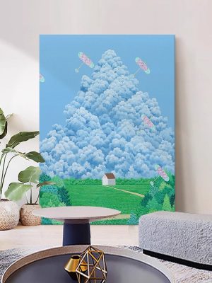 Healing Grassland Landscape Decorative Painting Living Room Entrance Blue Sky and White Clouds Beautiful Hand-painted Oil Painting Green Trees Unique Hanging Art - FanOilPainting
