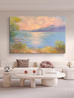 American Sea Sunrise Landscape Hand-painted Oil Painting Living Room Horizontal Layout Large Decoration Mural Entrance Dining Room Texture Hanging Painting - FanOilPainting