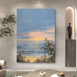 Pure Hand-painted Oil Painting Sunrise Flower Sea Wave Sea View Modern Simple Living Room Porch Vertical Hanging Painting - FanOilPainting