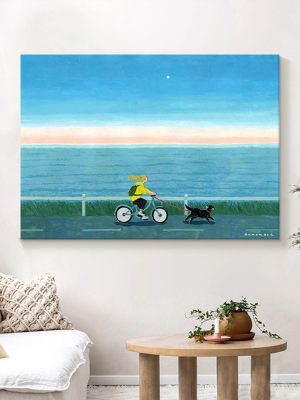 Modern Minimalist Landscape Hand-painted Oil Painting Living Room Entrance Bicycle Girl Decorative Painting Blue Sky And Sea Art Hanging Painting - FanOilPainting